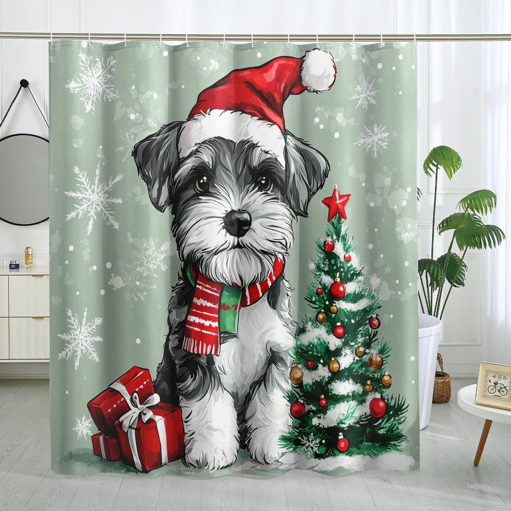 GDHBLING Christmas Schnauzer Dog Shower Curtain Set, Funny Puppy Xmas Animal Tree Shower Curtain Pet Bathroom Accessories, Printed Pattern Decorative 62" W x 72" L