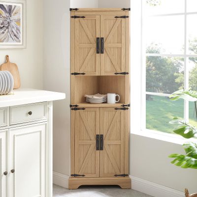 Minifeel Tall Farmhouse Corner Cabinet with 4 Doors and Adjustable Shelves, Farmhouse Storage Cabinet with Barn Door Design, Home Space Saver for Living Room, Kitchen, Laundry Room (Natural Oak)
