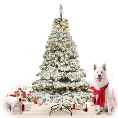 CAPHAUS 6 Feet Fake Spruce Snow Flocked Christmas Tree w/ 755 Tip Count, 450 LED Lights, Pre-Hinged, Green Pointed Shaped Leaves, with Metal Stand, for Indoor, Office, Party, Holiday Decoration