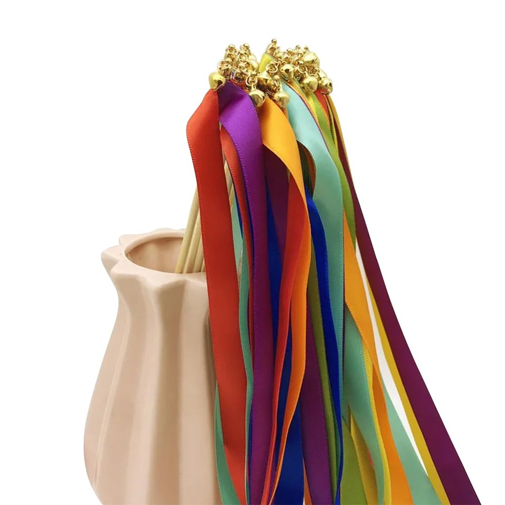 homeemoh 30 Pieces Party Ribbon Streamers with Bells on Top, Silk Fairy Stick Party Decorations for Wedding, Birthday, Christmas, Celebration