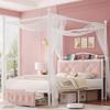 Full Upholstered Canopy Bed Frame with 2 Drawers & Crystal Tufted Storage Headboard Two-Purpose Metal Platform Bed with 4 Removable Posts & Charging Station Pink Princess Bed, Curtain Not Included view 1