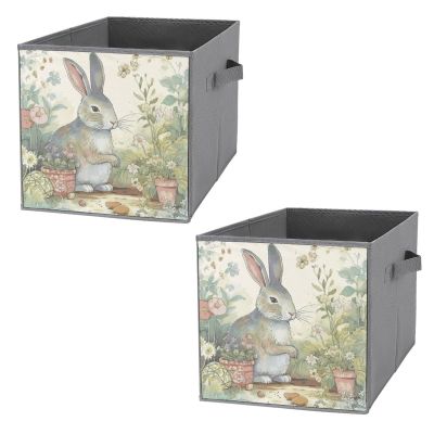 HMNBCD Storage Bins Garden Bunny Printed Storage Cubes Fabric Bins with Double Handles Foldable Storage Basket for Home Bedroom Office Set of 2