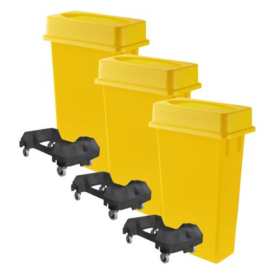 3 pack 23 Gallon Waste Bin with Lid & Dolly, Heavy-Duty Trash Can, Slim Rectangular Garbage Bin, Durable Waste Container, Recycling Bin, Plastic Wastebasket for Kitchen, Garage, Restaurants, Office