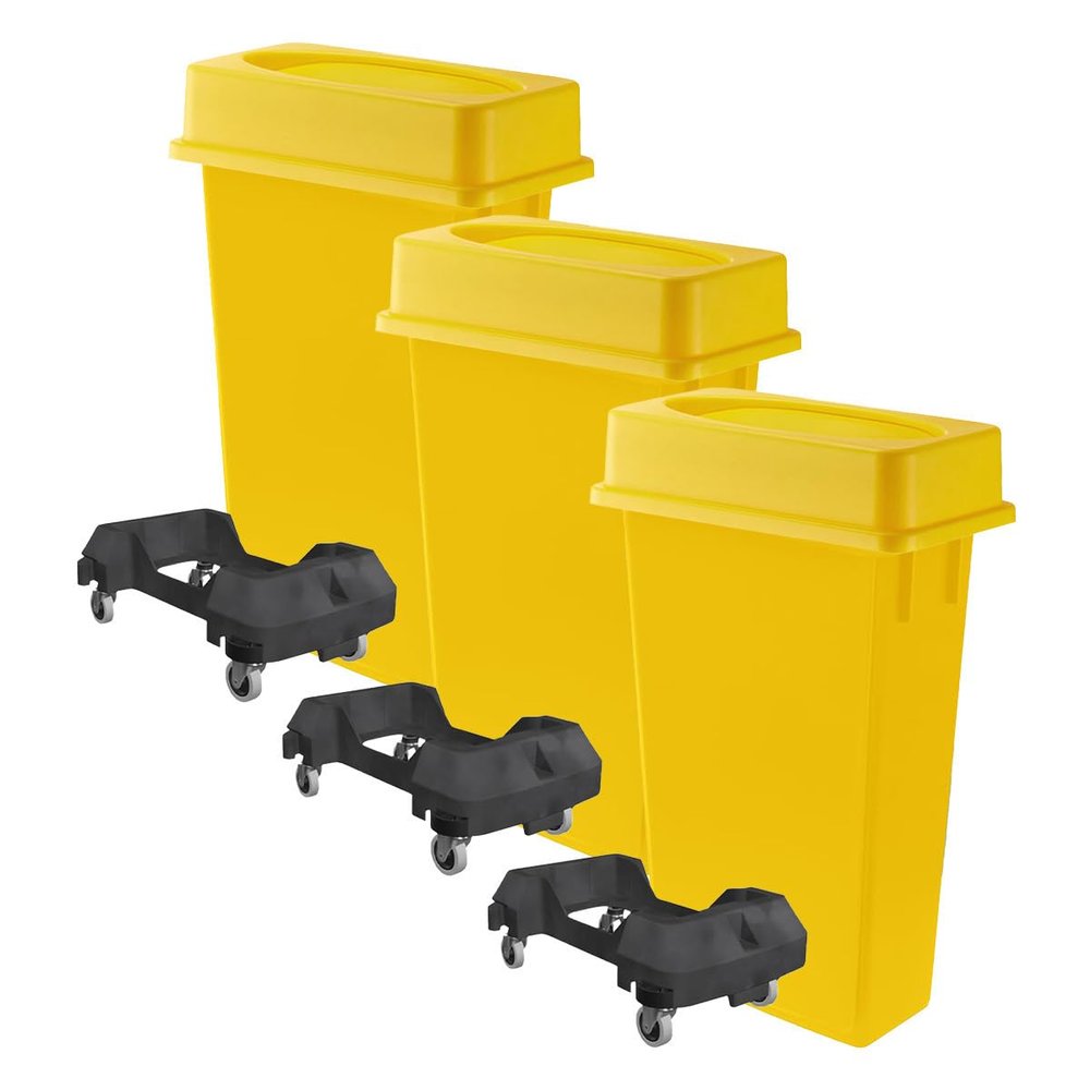 3 pack 23 Gallon Waste Bin with Lid & Dolly, Heavy-Duty Trash Can, Slim Rectangular Garbage Bin, Durable Waste Container, Recycling Bin, Plastic Wastebasket for Kitchen, Garage, Restaurants, Office