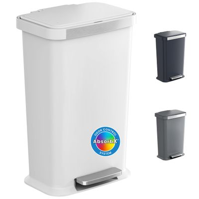 iTouchless SoftStep 13.2 Gal / 50L Step Pedal Kitchen Trash Can with Odor Filter, Durable Dent-Proof Construction and Stainless Steel Trim, Garbage Bin with Lid for Home Office, Bedroom, White Plastic