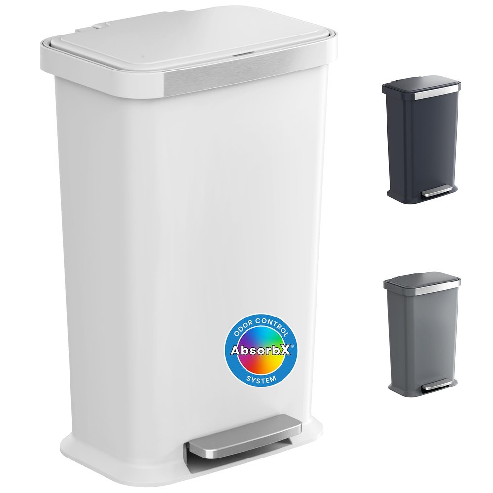 iTouchless SoftStep 13.2 Gal / 50L Step Pedal Kitchen Trash Can with Odor Filter, Durable Dent-Proof Construction and Stainless Steel Trim, Garbage Bin with Lid for Home Office, Bedroom, White Plastic