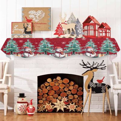 Ruian Store Fireplace Mantel Scarf,Christmas Winter Snowman Xmas Tree Sketch Mantle Cover Runner Gift Snowflake on Red Fireplace Shelf Top Runner for Home Living Room Holiday Party Decor,70x17in