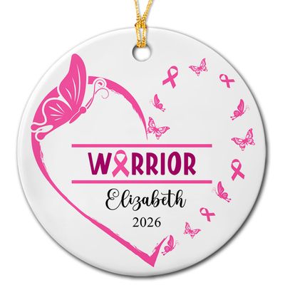 Cancer Warrior Survivor Ornament 2026, Personalized Pink Warrior Ornament for Mom Women, Custom Cancer Family Motivational Ornaments Xmas with Name, Warrior Christmas Ceramic Ornaments