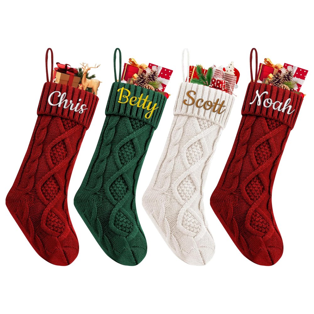 Lcyawer Personalized Christmas Stockings with Names, Customized Embroidered Christmas Stockings for Kids, 18 inches Large Knitted Family Xmas Stockings, Holiday Party Decor Christmas Stocking 3 Pcs