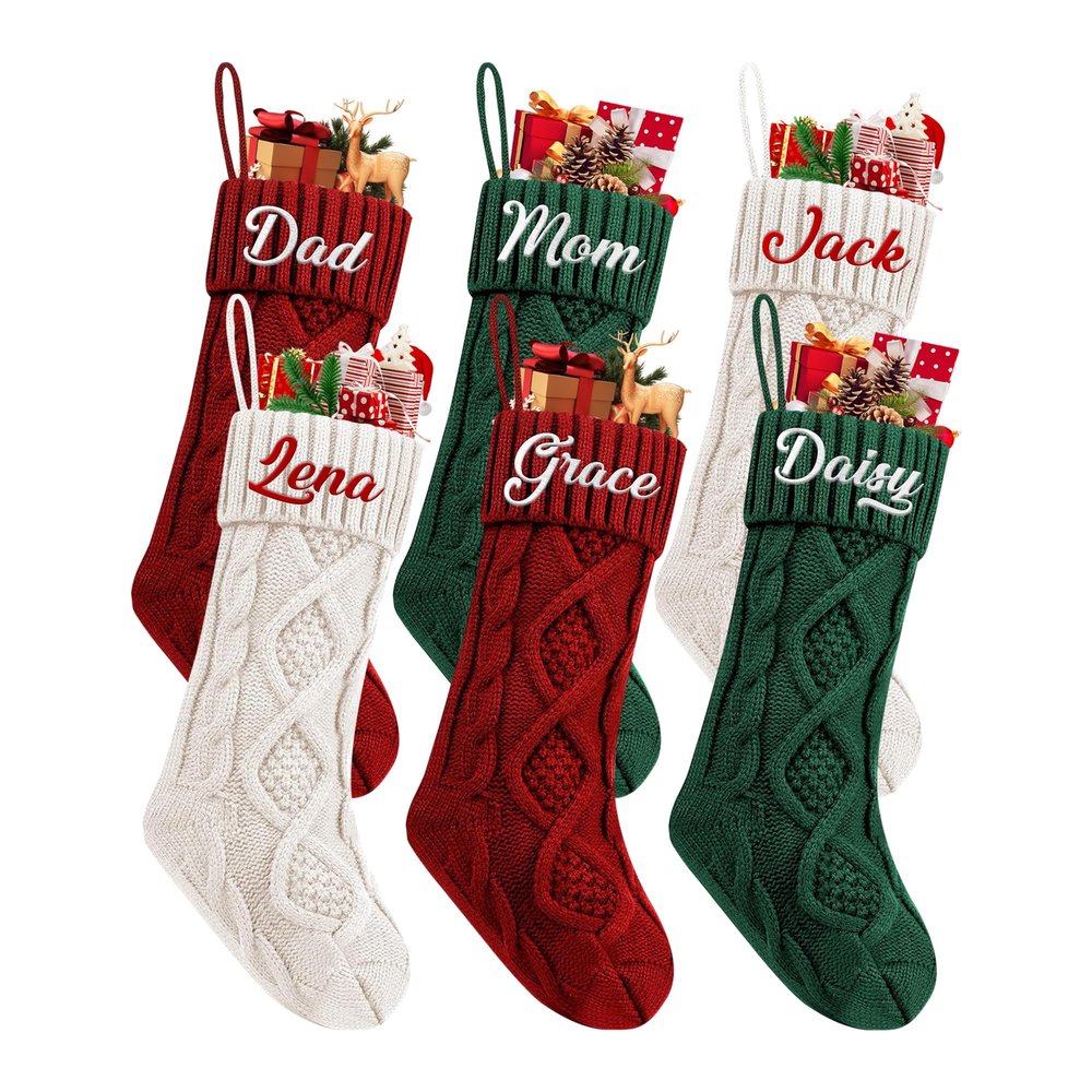 Lcyawer Custom Christmas Stockings, Personalized Embroidered Name Christmas Stockings for Kids, 18 Inch Large Knitted Hanging Family Xmas Stockings, Holiday Party Decoration Stocking 6 Pcs