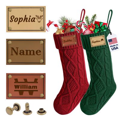 HJX Personalized Christmas Stocking Leather Name Tags 2025 Custom Name Letters Tags for Knitted Stockings,Xmas Knitted Stocking PU Leather Name Label for Kids Family