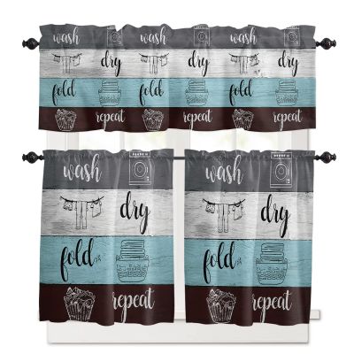 3 Piece Set Kitchen Tier and Valance Curtains Vintage Wood Laundry Wash Dry Flod Repeat Art Rod Pocket Curtain Valances Rustic Wooden Board Light Filtering Window Treatment for Living Room Decor