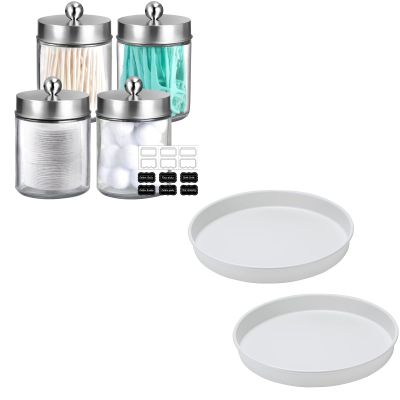 Amolliar Lazy Susan Turntable Organizer, White 10" 2Pack, Non-Skid Metal Rotating Spice Rack, Under Sink Organizer Bundle With 4Pc Apothecary Jars Bathroom Vanity Storage Organizer Set, Brushed Nickel