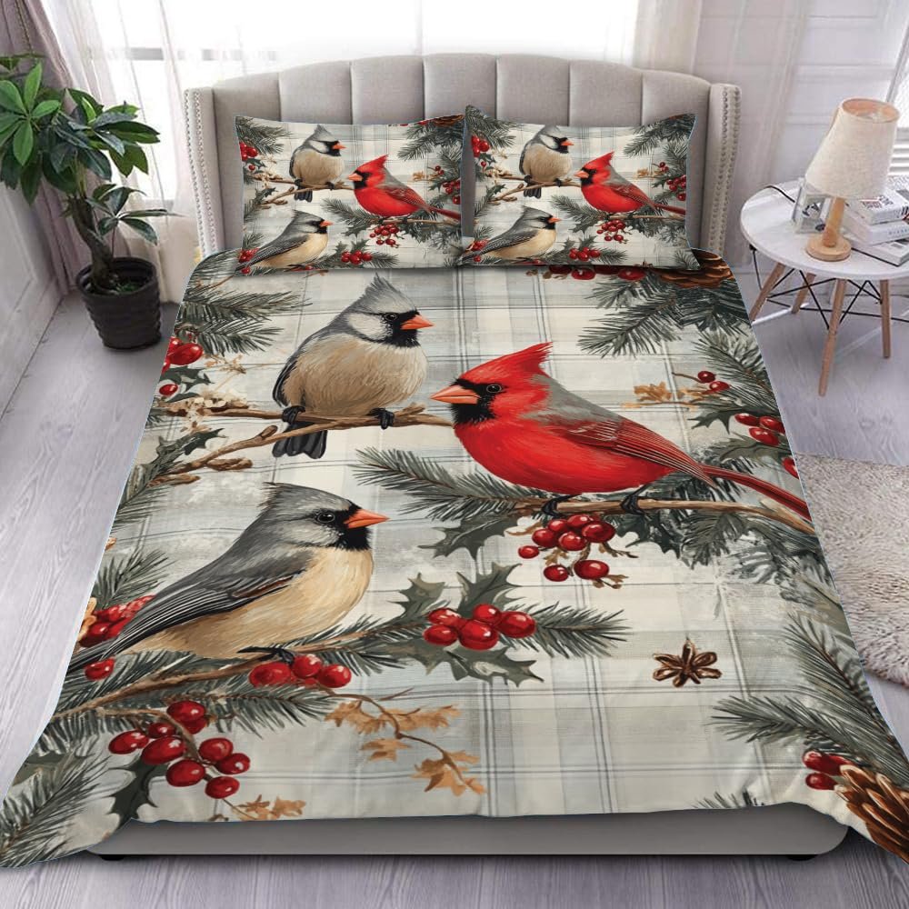 Customized Northern Red Bird Cardinal Quilt Set - Queen/Full Size Christmas Bedding Comforter Set