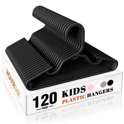 HOUSE DAY Premium Baby Hangers 120 Pack, 11 Inch Kids Plastic Hangers Black, Slim Childrens Hanger for Infant, Toddler, Child Clothes, Non-Slip Sturdy and Durable Baby Clothes Hanger for Closet