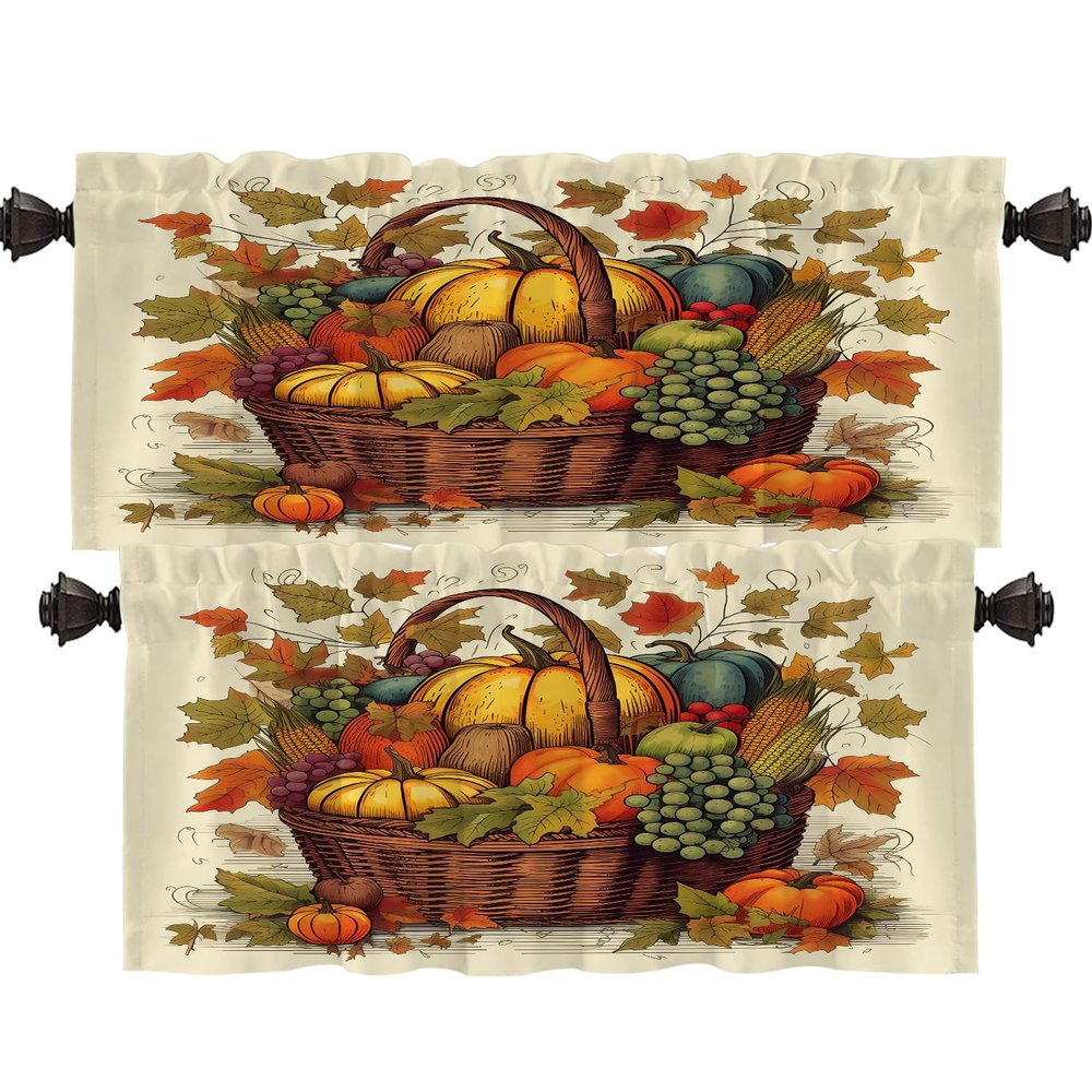 Shrahala Thanksgiving Harvest Basket Kitchen Valances, Fruits Pumpkin Green Leaves Half Window Curtain Window Treatment Multilayer Polyester Blackout for Living Room Bathroom 2 Pack 52 x 16 in
