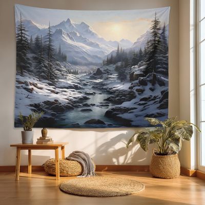 Batmerry Winter New Year Tapestry, Sunshine Snow Mountains Rivers Forests Wall Art Hanging Decoration Polyester Fiber White Ruffled Around for Dorm Room Bedroom Living Room, 39.1x59.1 inches