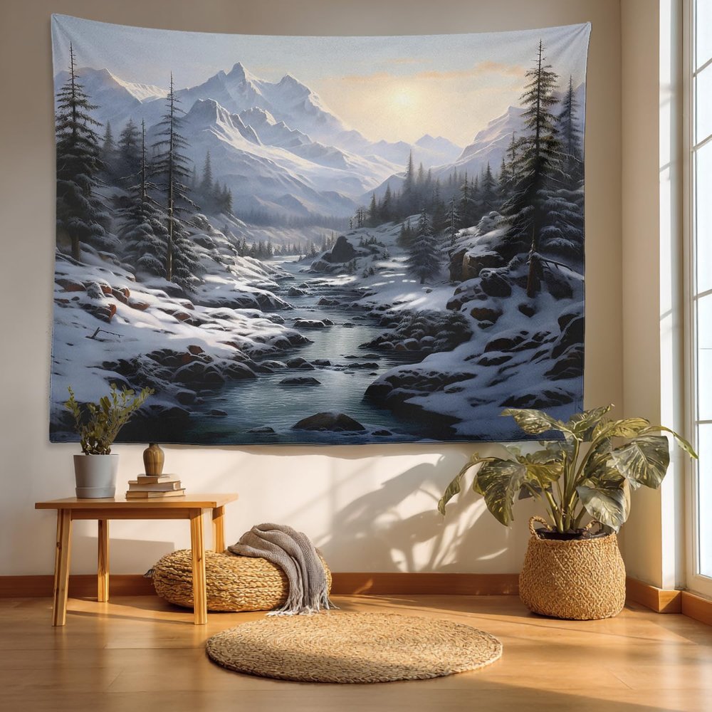 Batmerry Winter New Year Tapestry, Sunshine Snow Mountains Rivers Forests Wall Art Hanging Decoration Polyester Fiber White Ruffled Around for Dorm Room Bedroom Living Room, 39.1x59.1 inches