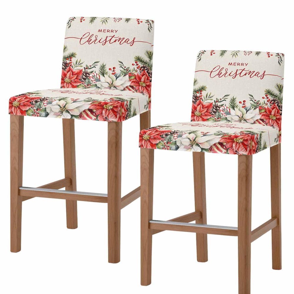 Christmas Bar Stool Chair Covers Set of 2 with Back,Stretch Barstool Slipcovers Washable,Poinsettia Berries Pine Cones Snowflake Xmas Pub Counter Height/Swivel/Cafe/Dining Room Chairs Seat Cover