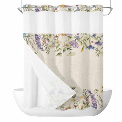 Natural Flower Leaves No Hook Shower Curtain with Snap in Liner Set,Fall Autumn Lavender Daisy Floral Waterproof Fabric Bath Curtain,See Through Mesh Top Window Bathtub Curtain for Bathroom 36"x72"