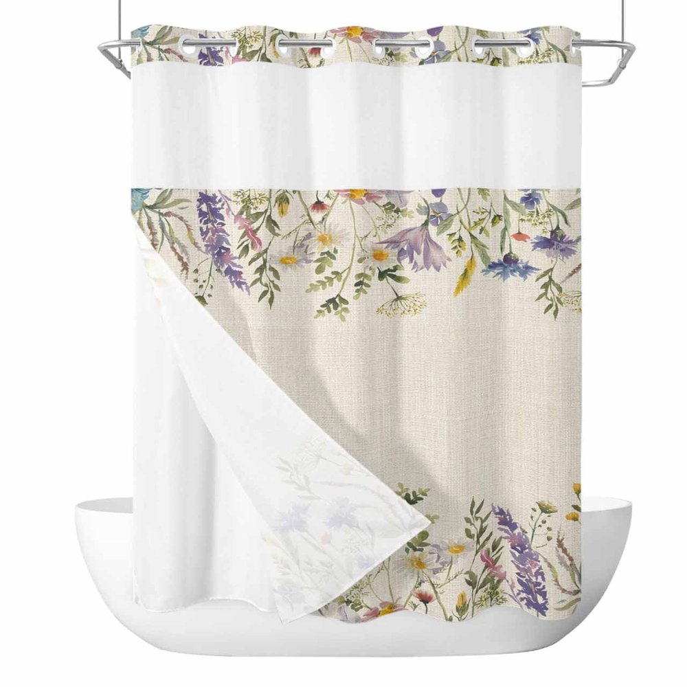 Natural Flower Leaves No Hook Shower Curtain with Snap in Liner Set,Fall Autumn Lavender Daisy Floral Waterproof Fabric Bath Curtain,See Through Mesh Top Window Bathtub Curtain for Bathroom 36"x72"