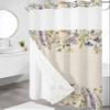 Natural Flower Leaves No Hook Shower Curtain with Snap in Liner Set,Fall Autumn Lavender Daisy Floral Waterproof Fabric Bath Curtain,See Through Mesh Top Window Bathtub Curtain for Bathroom 36"x72" view 3