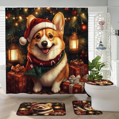 DESIHOM 4PCS Christmas Corgi Dog Shower Curtain Sets with Non-Slip Rug, U Shape and Toilet Lid Cover Mat, Funny Puppy Xmas Animal Gift Bath Decor, Bathroom Accessory with Hooks