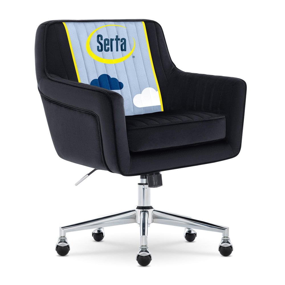 Serta Ashleigh Modern Office Chair, Channel-Tufted Design, Pocket Coil Seat Cushion, Stylish Mid-Century Accent Armchair, Women's Vanity or MakeupChair, Chrome Swivel Base, Black Velvet Fabric