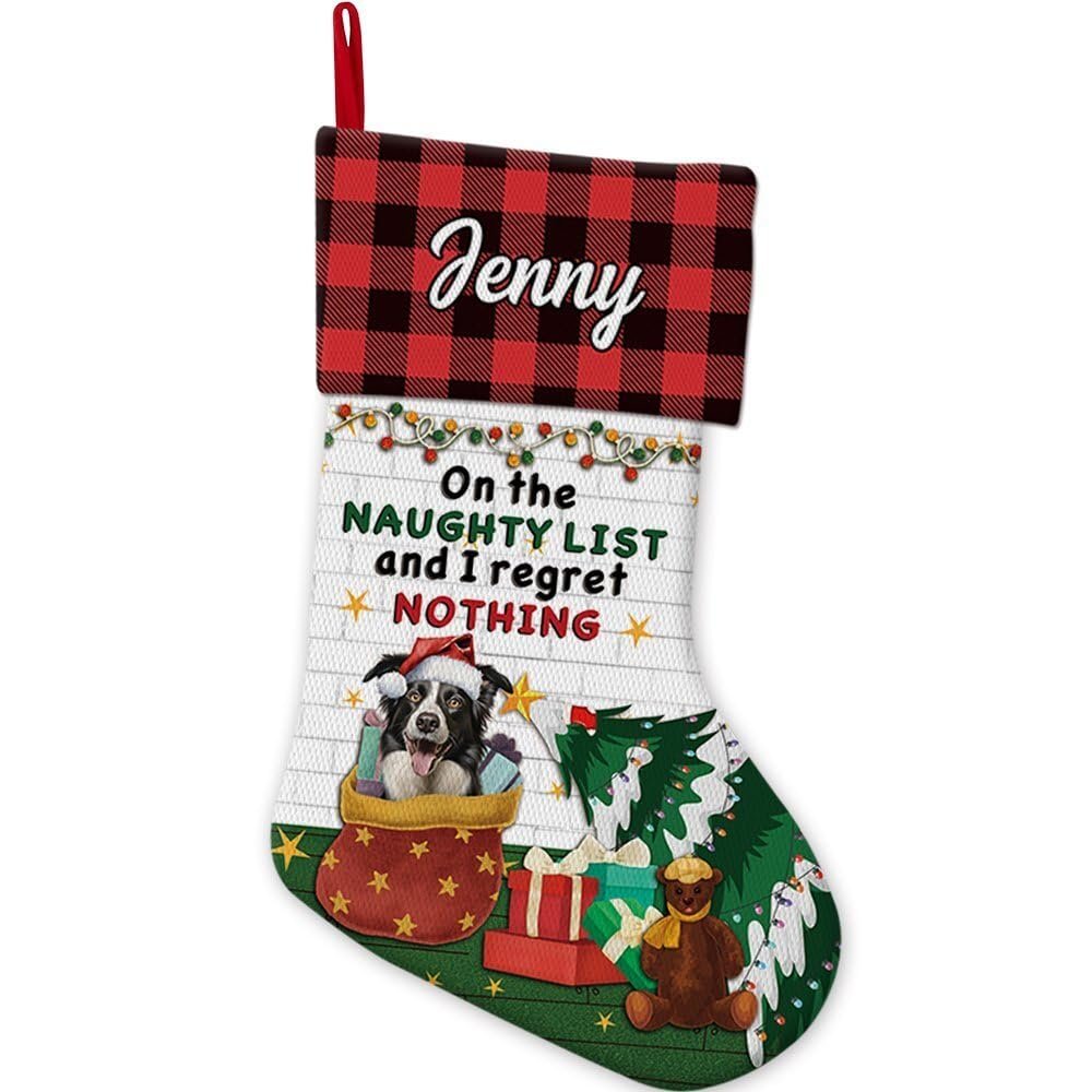 JaeTou Border Collie Dog Christmas Stocking on The Naughty List and I Regret Nothing Custom Xmas Tree Hanging Stockings for Home Party Decor 14.4"