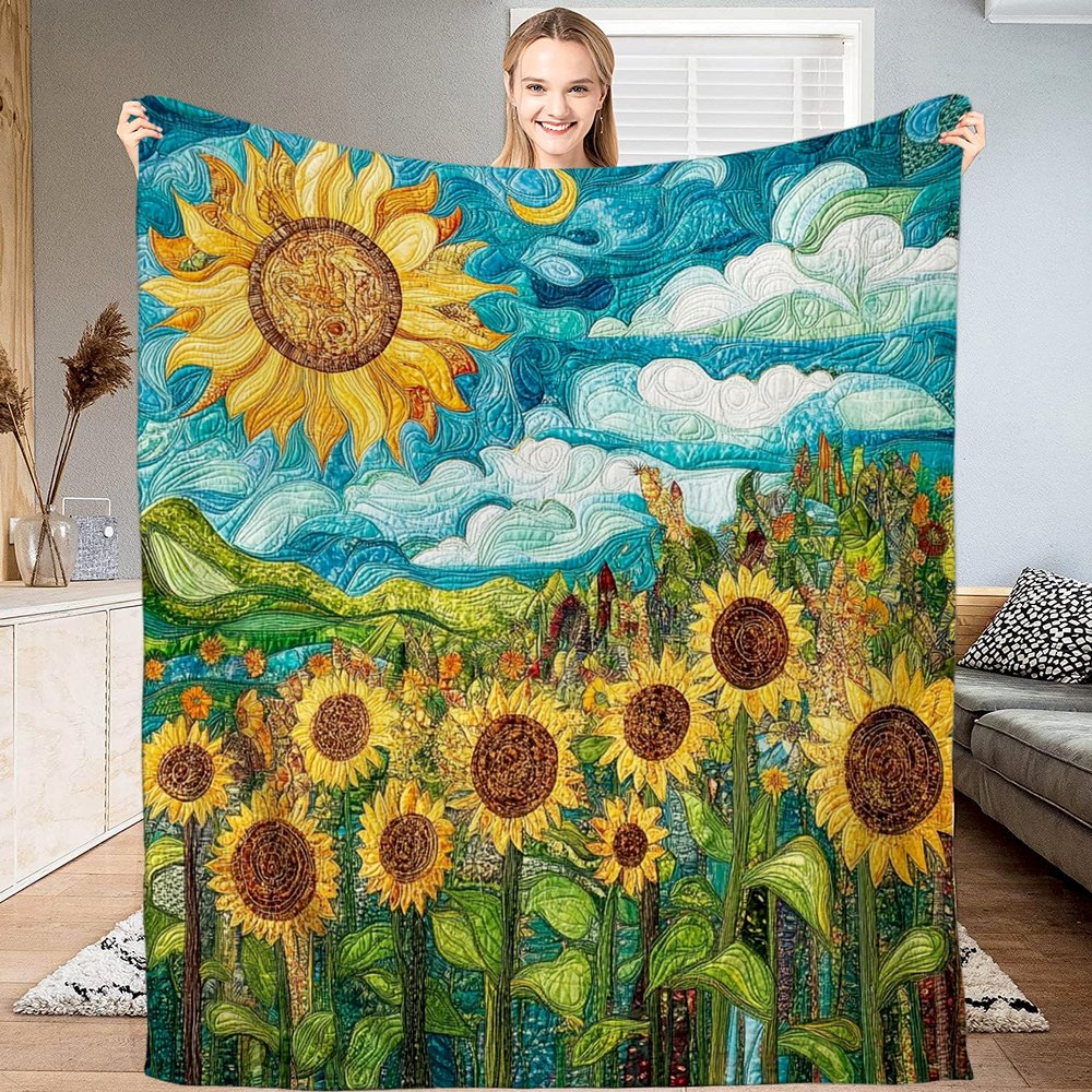 Sunflower Blanket Sunflower Throw, Sunfower Gifts for Women,Sunflower Gifts Bedding Decor White Throw Blanket,Sunflower Decorations Warm Soft Sherpa Winter Blanket (Faux Quilt Pattern)