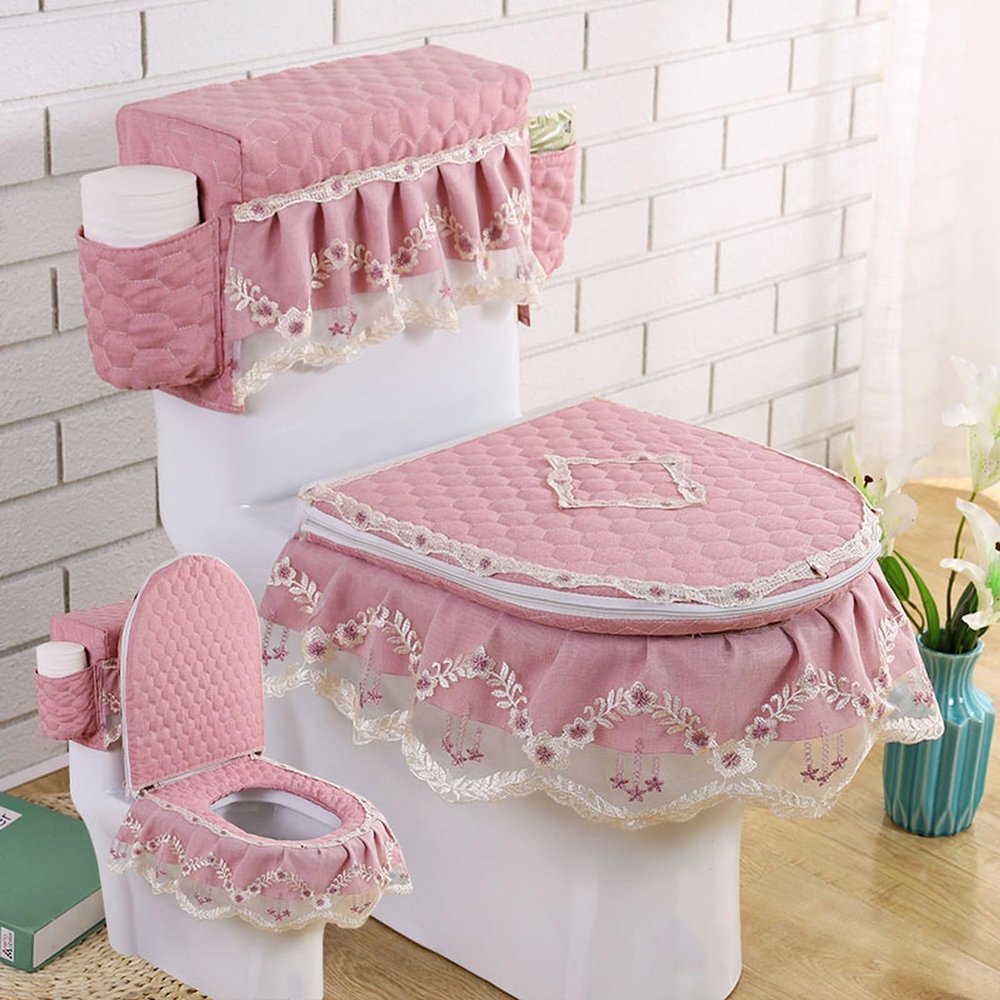 GRIPITHPY Velvet Embroidery Lace Toilet Mat Toilet Seat Cover,lace Bathroom Decor Tank Cover/Lid Cover/Toilet Seat Cover/Bathroom Accessories 3 Piece Cover Set,Home Decor Set of 3, Pink