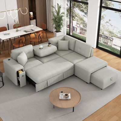 86.6-Inch L-Shaped Sectional Couch Pull-Out Sofa Bed, Modern Upholstered Corner Sofa with Movable Ottoman, Storage Drawer, 2 Charging Ports and 2 Cup Holders for Living Room Apartment - Grey