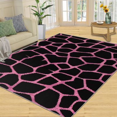 Abstract Irregular Geometry Area Rug, Modern Pink Black Indoor Non Slip Bedroom Rug, Low Pile Fade Resistant Soft Carpet for Woman Bedside Living Room Kitchen Dining Room Mat - 3 ft x 5 ft