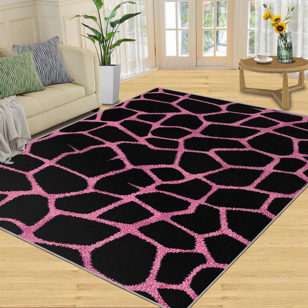Abstract Irregular Geometry Area Rug, Modern Pink Black Indoor Non Slip Bedroom Rug, Low Pile Fade Resistant Soft Carpet for Woman Bedside Living Room Kitchen Dining Room Mat - 3 ft x 5 ft