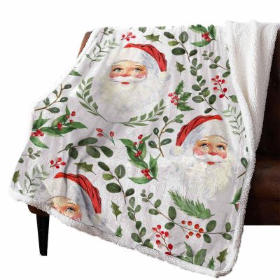 FortuneHouse8 Christmas Sherpa Blanket Santa Claus Holly Berry Sherpa Throw Blanket Soft Cozy Fuzzy Pine Needles Branch Fleece Flannel Plush Blankets Warm Throw Blankets for Couch Sofa Bed 50" x 60"