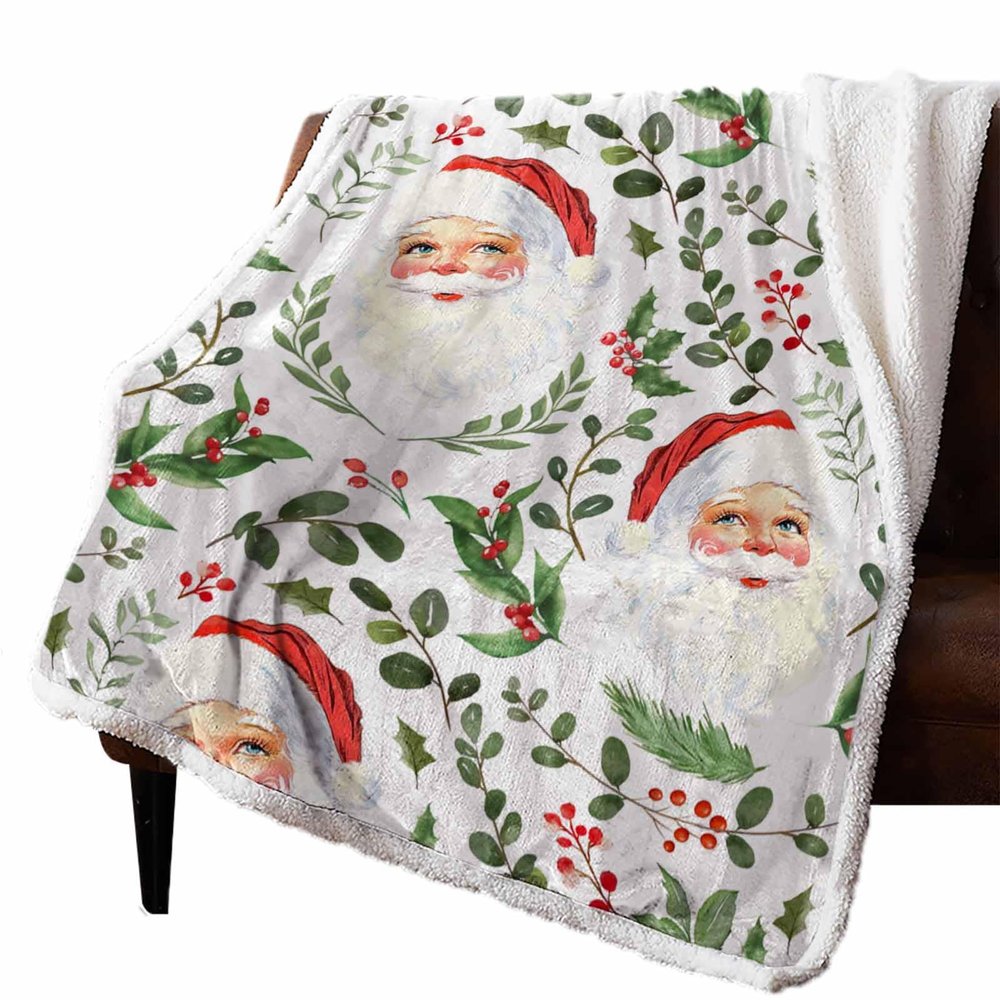FortuneHouse8 Christmas Sherpa Blanket Santa Claus Holly Berry Sherpa Throw Blanket Soft Cozy Fuzzy Pine Needles Branch Fleece Flannel Plush Blankets Warm Throw Blankets for Couch Sofa Bed 50" x 60"