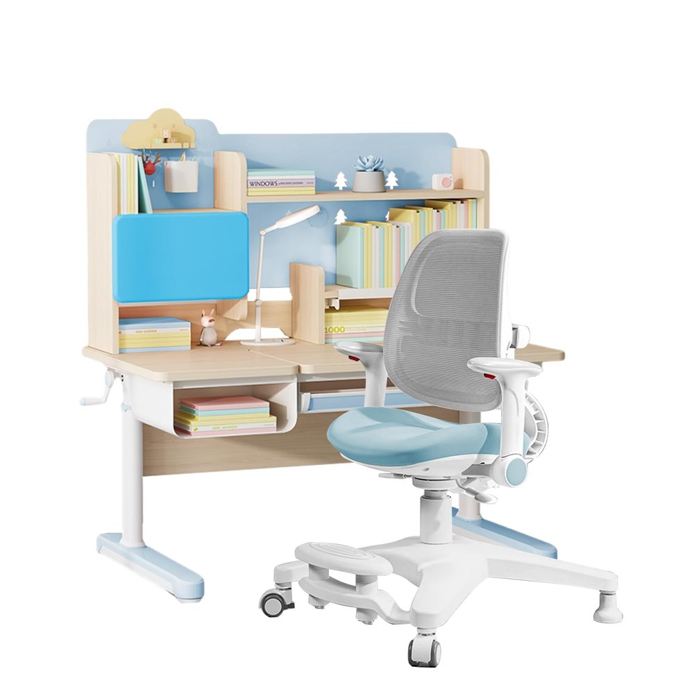 FCD Kids Desk and Chair Wood Adjustable Height Ergonomic Reading Study Table with Tiltable Desktop, Pull-Out Drawer, Bookshelf Hutch, Tablet Holder and Storage Drawer (Desk with Chair, Blue)