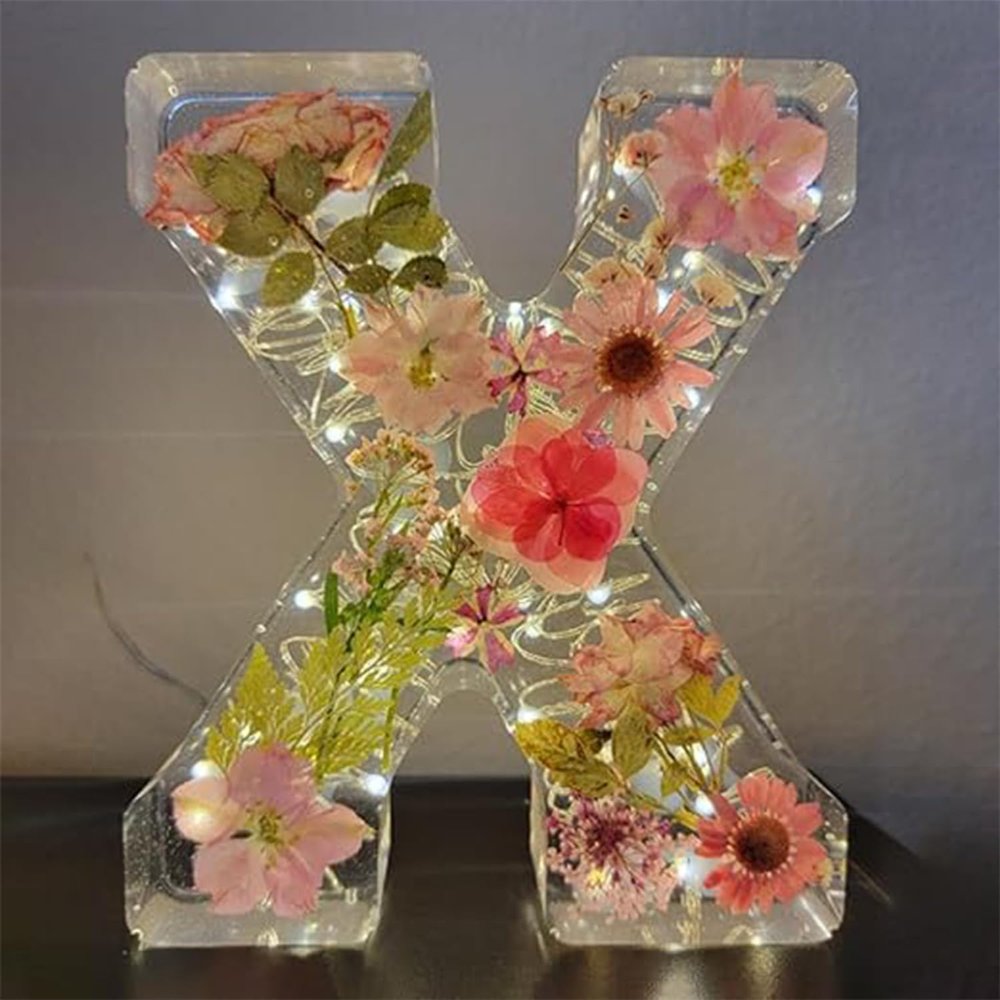 Handmade Floral Night Light, Floral Resin Night Light Letter, Floral Resin Letter Lamp with LED Light, Handmade Floral Resin Letter Night Light, Personalized DIY Floral Letter Name Night Light (X)