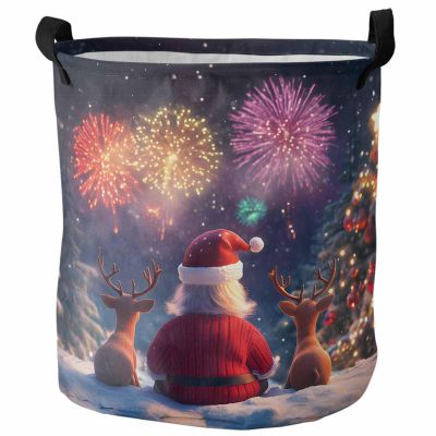Laundry Basket Christmas Santa Claus Reindeer Xmas Tree,Waterproof Collapsible Clothes Hamper New Year's Eve Fireworks,Large Storage Bag for Bedroom Bathroom