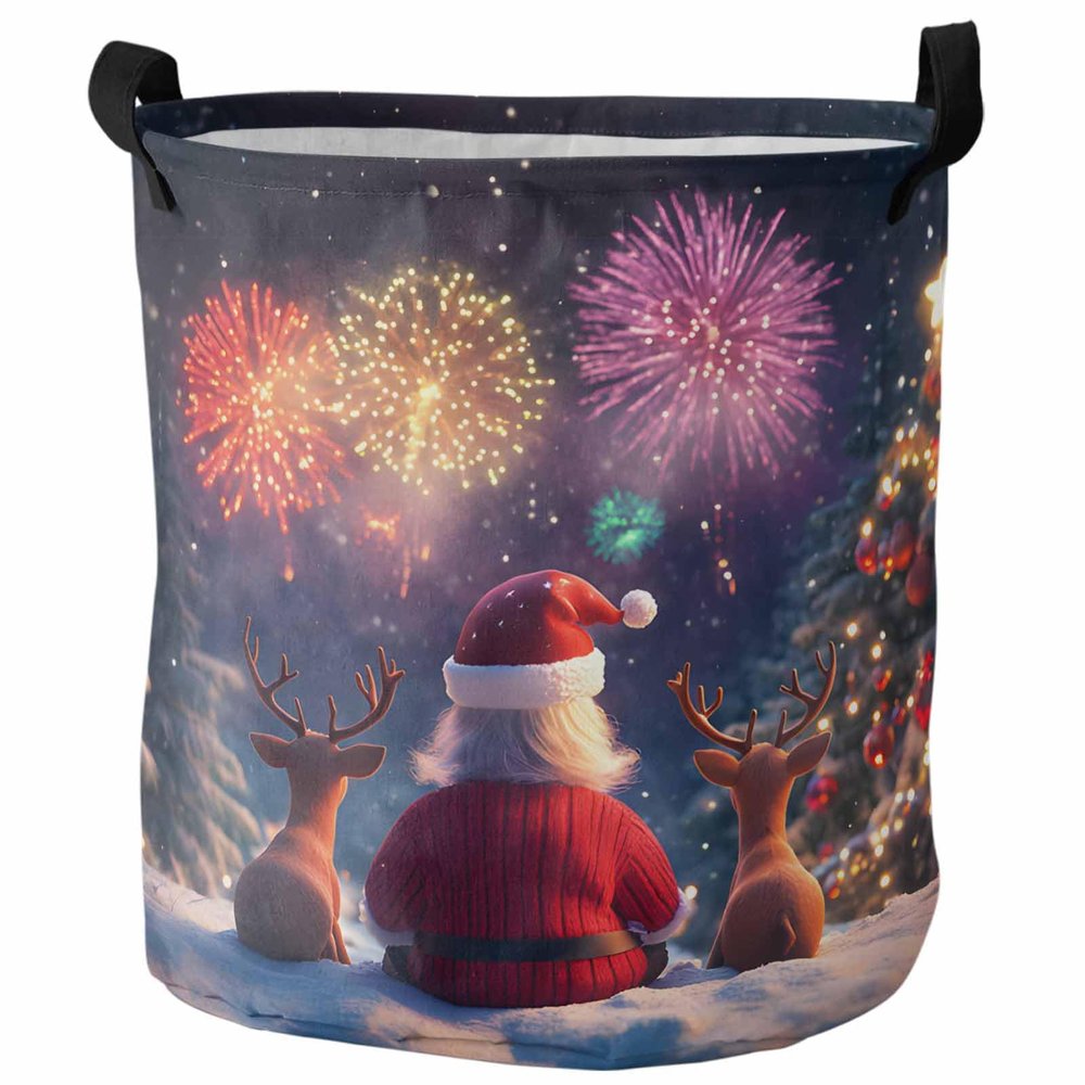 Laundry Basket Christmas Santa Claus Reindeer Xmas Tree,Waterproof Collapsible Clothes Hamper New Year's Eve Fireworks,Large Storage Bag for Bedroom Bathroom