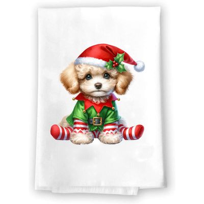 Adorable Christmas Elf Kitchen Hand Towel | Poodle | Pet Animal Lover Gifts