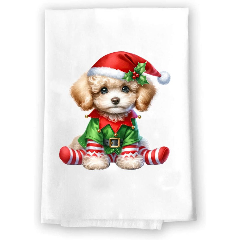 Adorable Christmas Elf Kitchen Hand Towel | Poodle | Pet Animal Lover Gifts