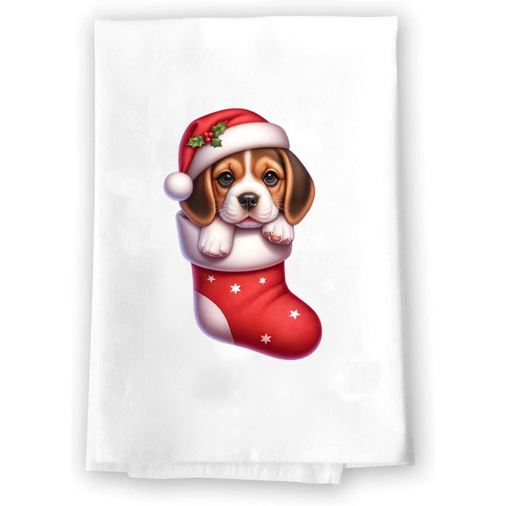 Adorable Christmas Stocking Kitchen Hand Towel | Beagle | Pet Animal Lover Gifts