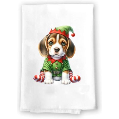 Adorable Christmas Elf Kitchen Hand Towel | Beagle | Pet Animal Lover Gifts