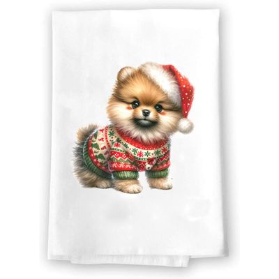 Adorable Christmas Sweater Kitchen Hand Towel | Pomeranian | Pet Animal Lover Gifts