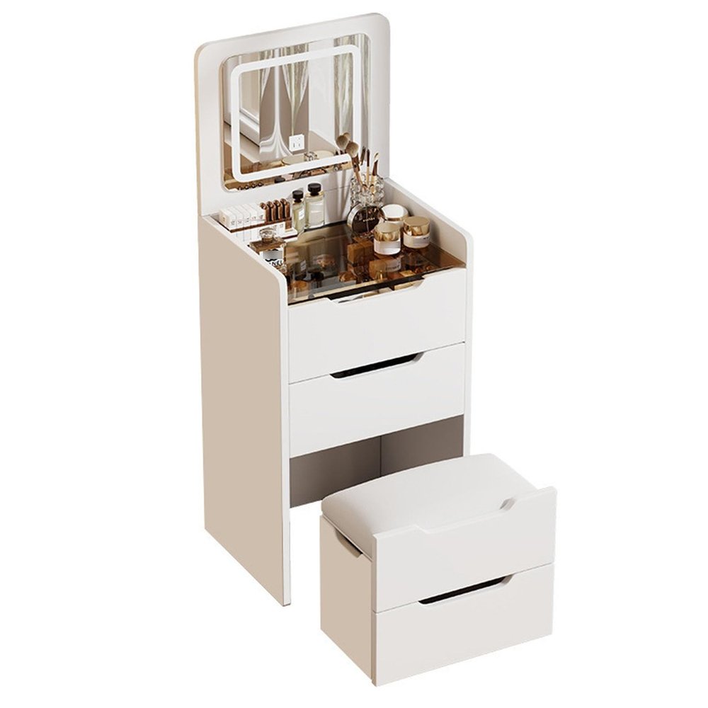 Dressing table storage cabinet all in one, multifunctional flip top dressing table, bedroom dressing table with lighted mirror, with mobile dressing stoolSuitable for bedroom(White,48cm/18.9in)