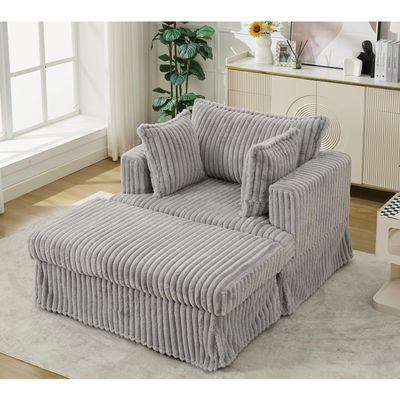 Zaboro 47.7 Inch Oversize Sofa with Pillow and Ottoman, Corduroy Chaise Longue with Movable Footstool, Comfy Reclining Upholstered Chair Couch for Living Room, Light Gray