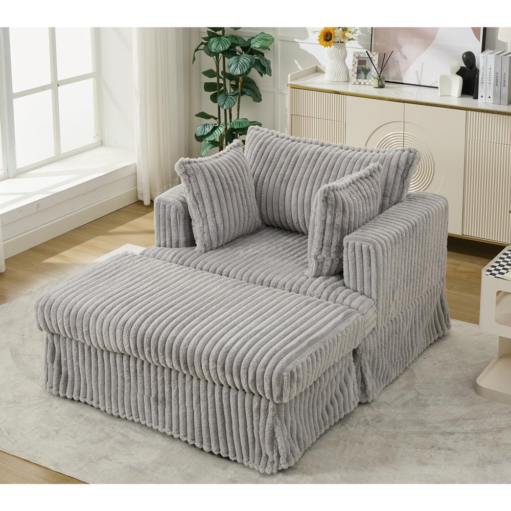 Zaboro 47.7 Inch Oversize Sofa with Pillow and Ottoman, Corduroy Chaise Longue with Movable Footstool, Comfy Reclining Upholstered Chair Couch for Living Room, Light Gray