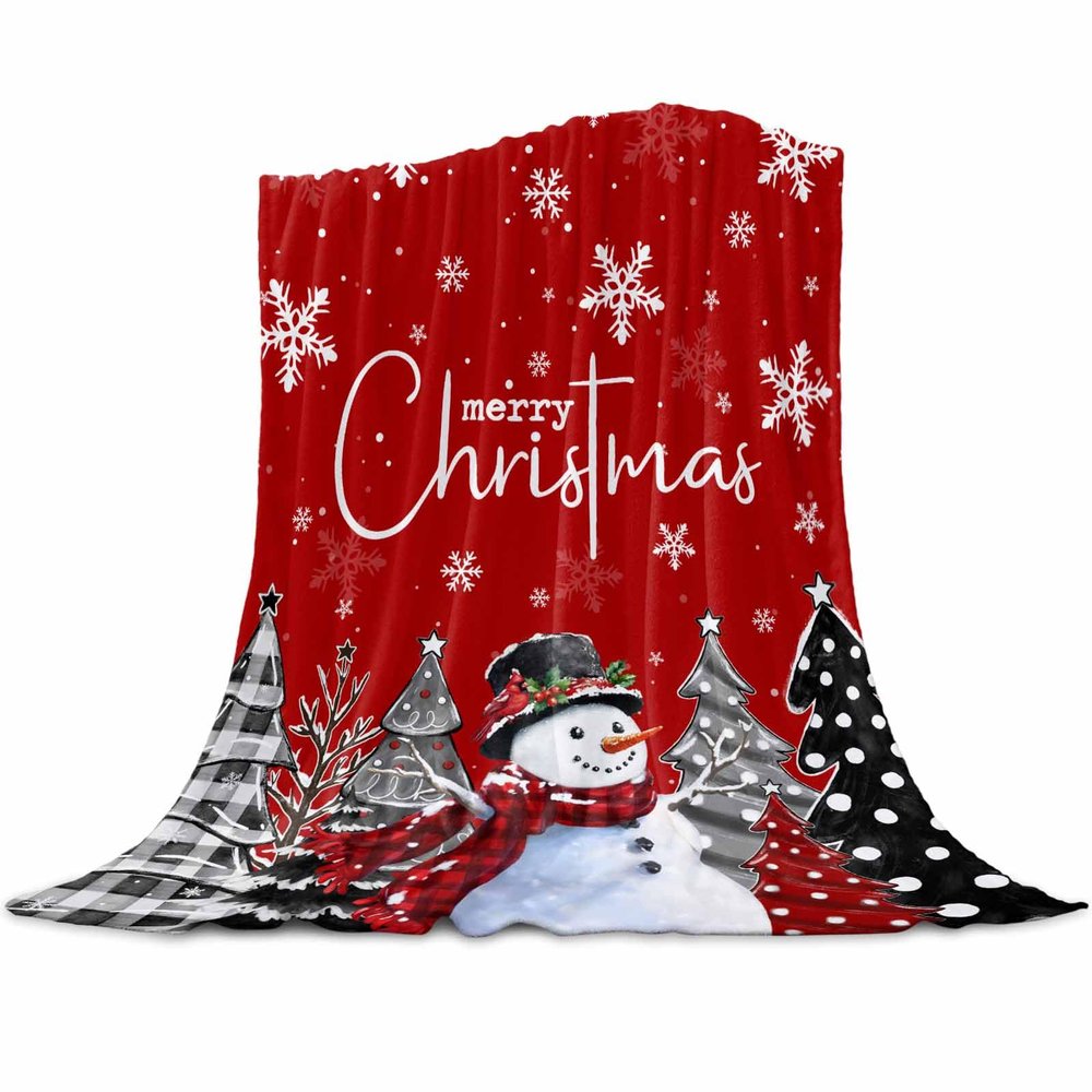 Christmas Blanket, Xmas Buffalo Plaid Tree Snowman Snowflake Throw Blanket Cozy Soft Flannel Fleece Blanket for Couch Sofa Bed Winter Holiday Decorative Blanket (40" x 50", Red)