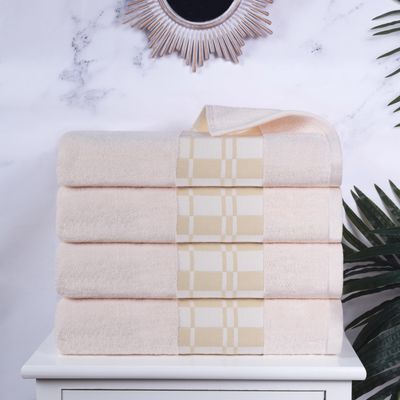 Superior Larissa Cotton Bath Towel Set, Geometric Design, Dobby Border, Medium Weight Towels for Bathroom, Guest Bath, Spa, Resort, Hotel, Airbnb, Home Essentials, Includes 4 Bath Towels, Ivory